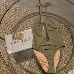 yevrah x revolve positano V neck one piece in taupe